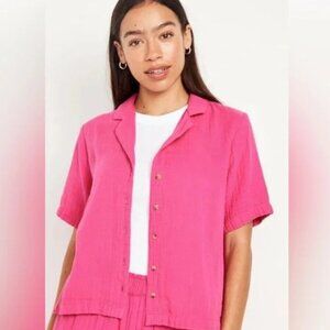 Old Navy Vibrant Pink Crinkle Gauze Button-Down Shirt